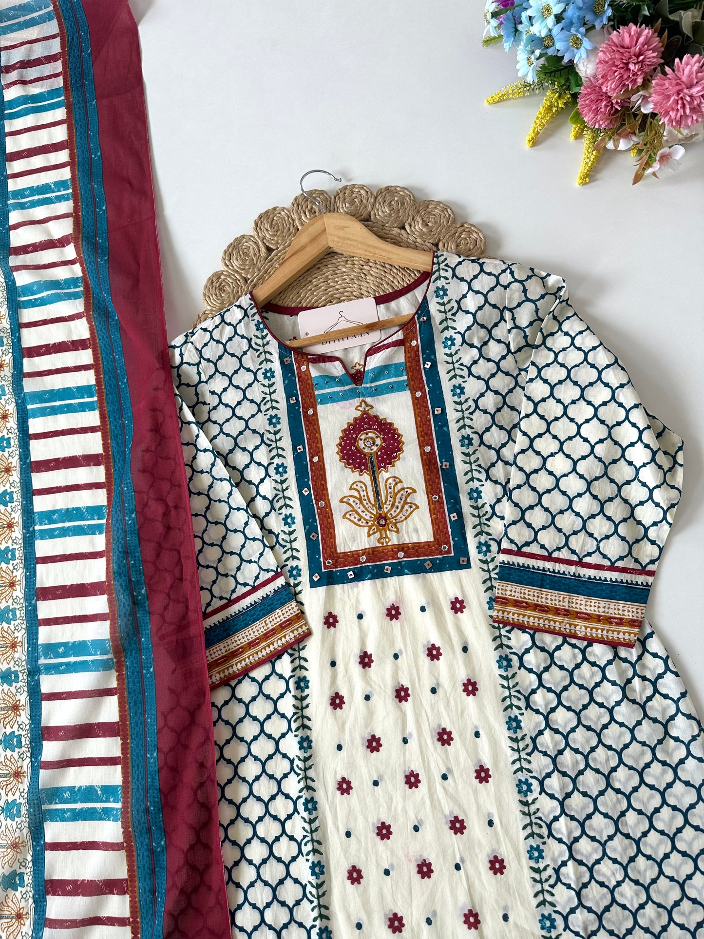 K687 - Mul cotton printed straight Kurti with pants and dupatta