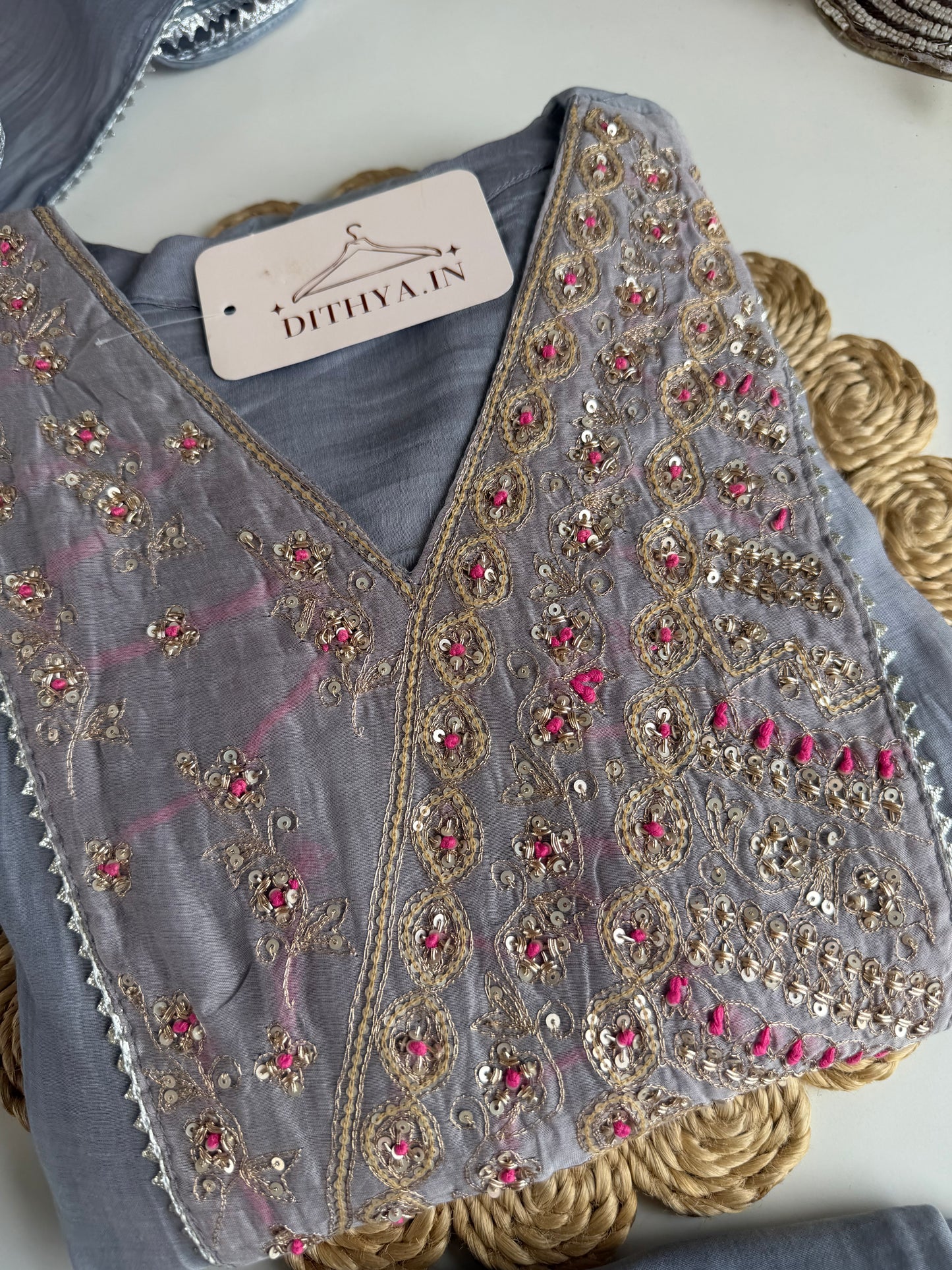 K486 - Mul Chanderi handwork Anarkali with pants and dupatta