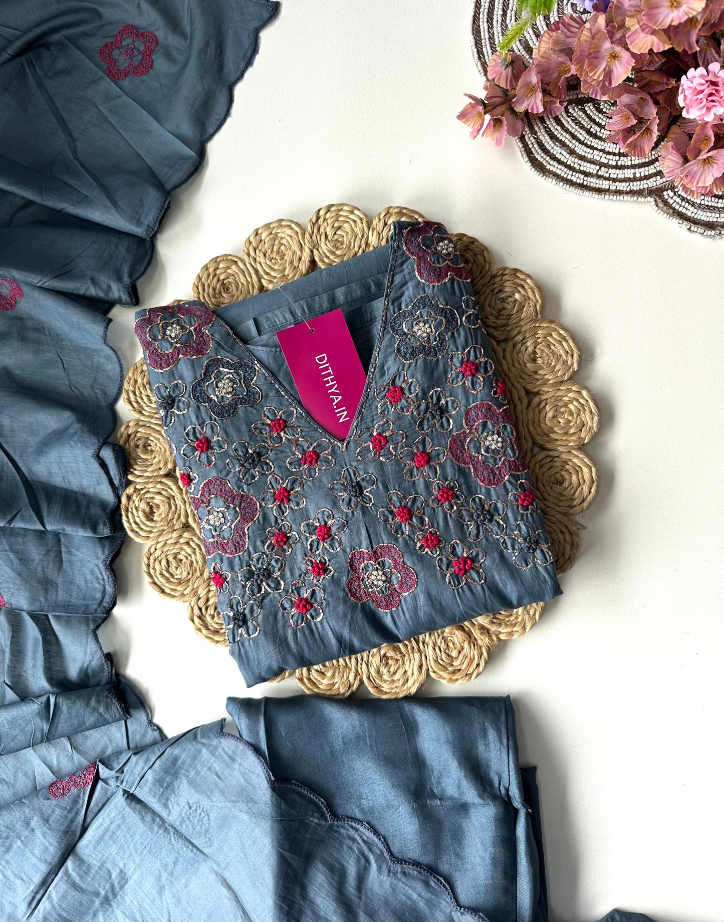 K375 -Mul Chanderi handwork Aline Kurti with pants and dupatta