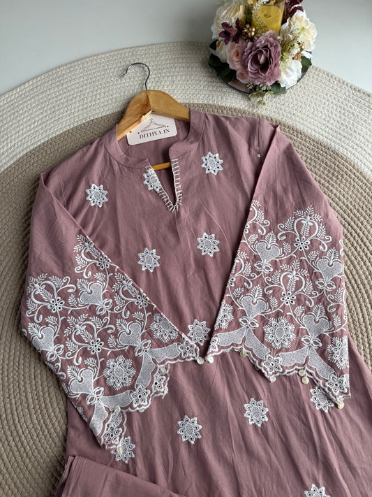 K718 - Cotton embroidered Aline Kurti with pants in 3 colours