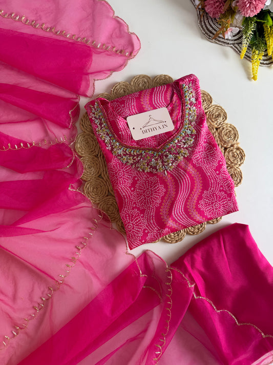 K063 - Pure Chinnon Bandhini handwork aline Kurti with pants and dupatta