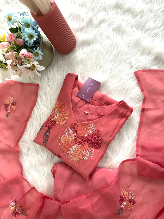 K261 - Mul Chanderi Embroidered Aline Kurti with pants and dupatta
