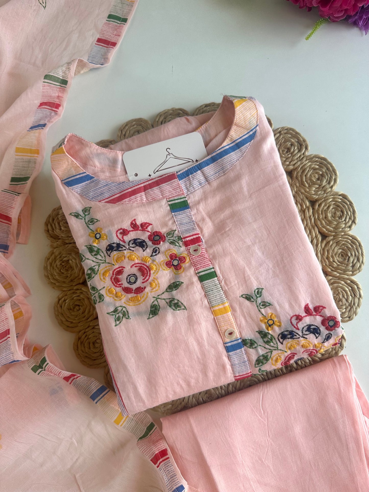 K220 - Mul cotton embroidered Anarkali with pants and dupatta