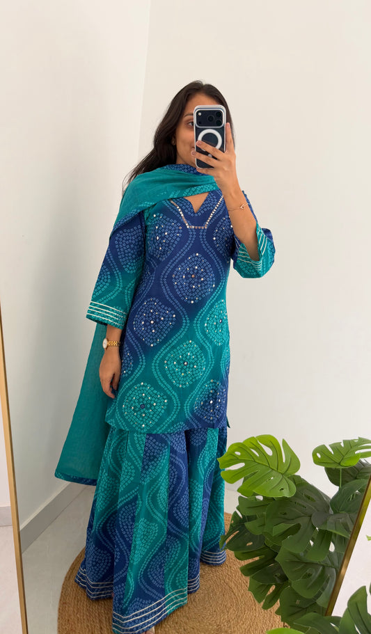 K090 - Mul cotton bandhini mirror work short Kurti with palazzo pants and dupatta