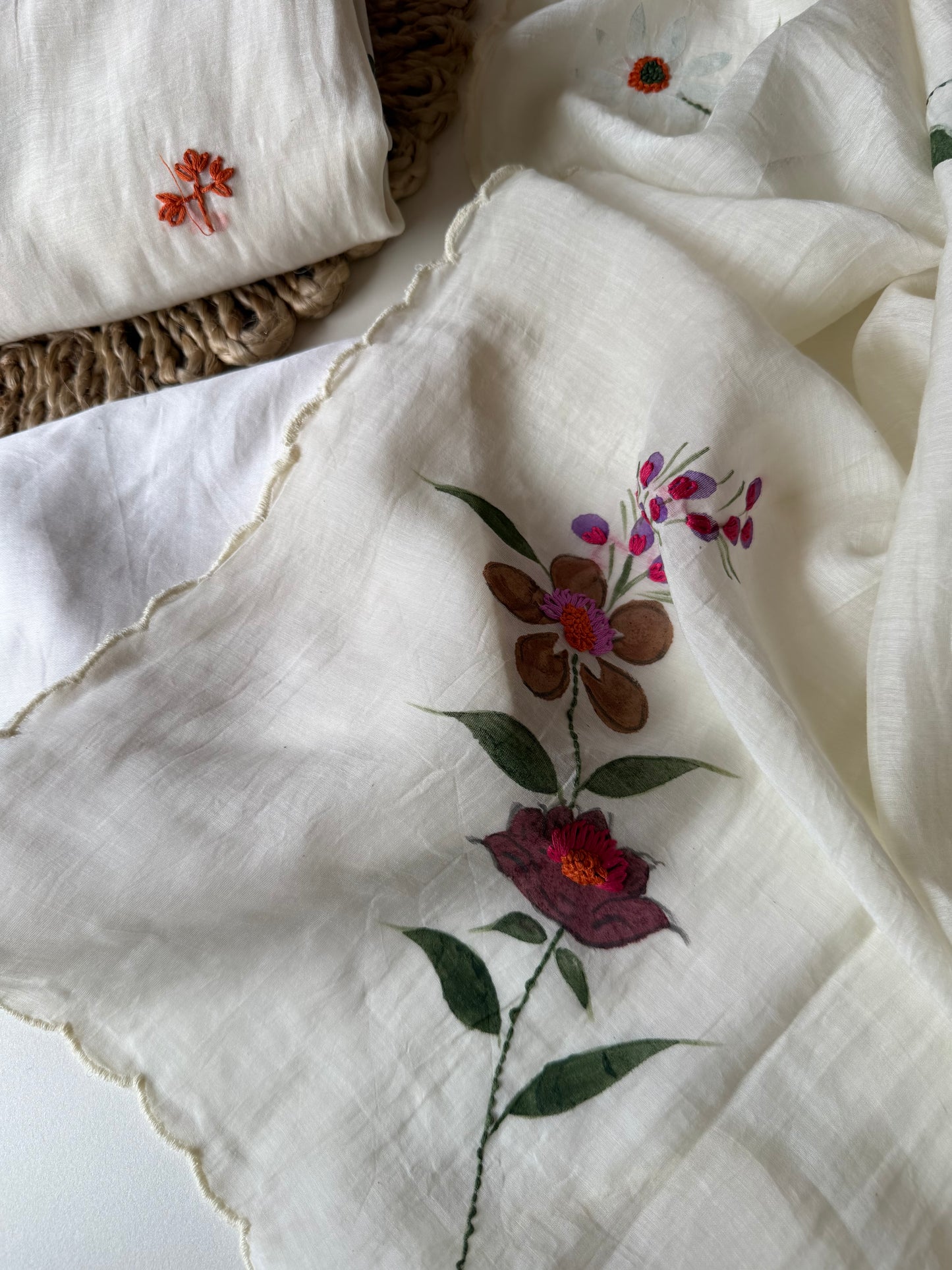 K611 - Mul chanderi embroidered Aline Kurti with pants and dupatta