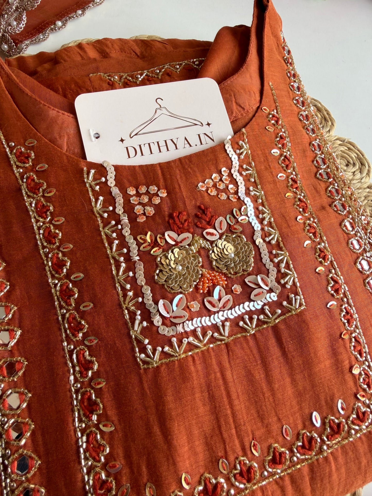 K435 - Mul chanderi handwork Aline Kurti with pants and dupatta
