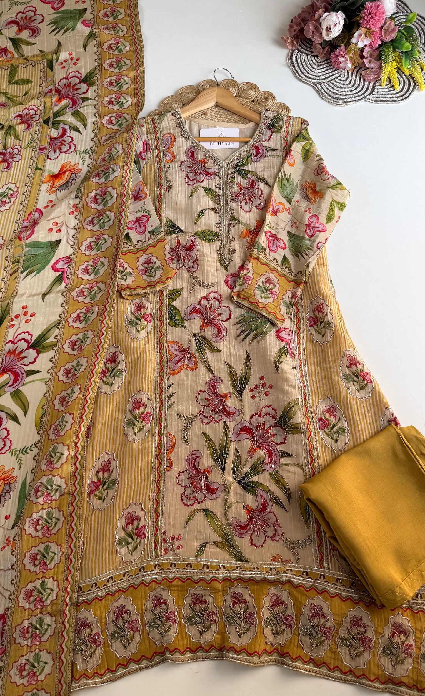 K645-Crush tissue silk handwork Aline Kurti with pants and dupatta