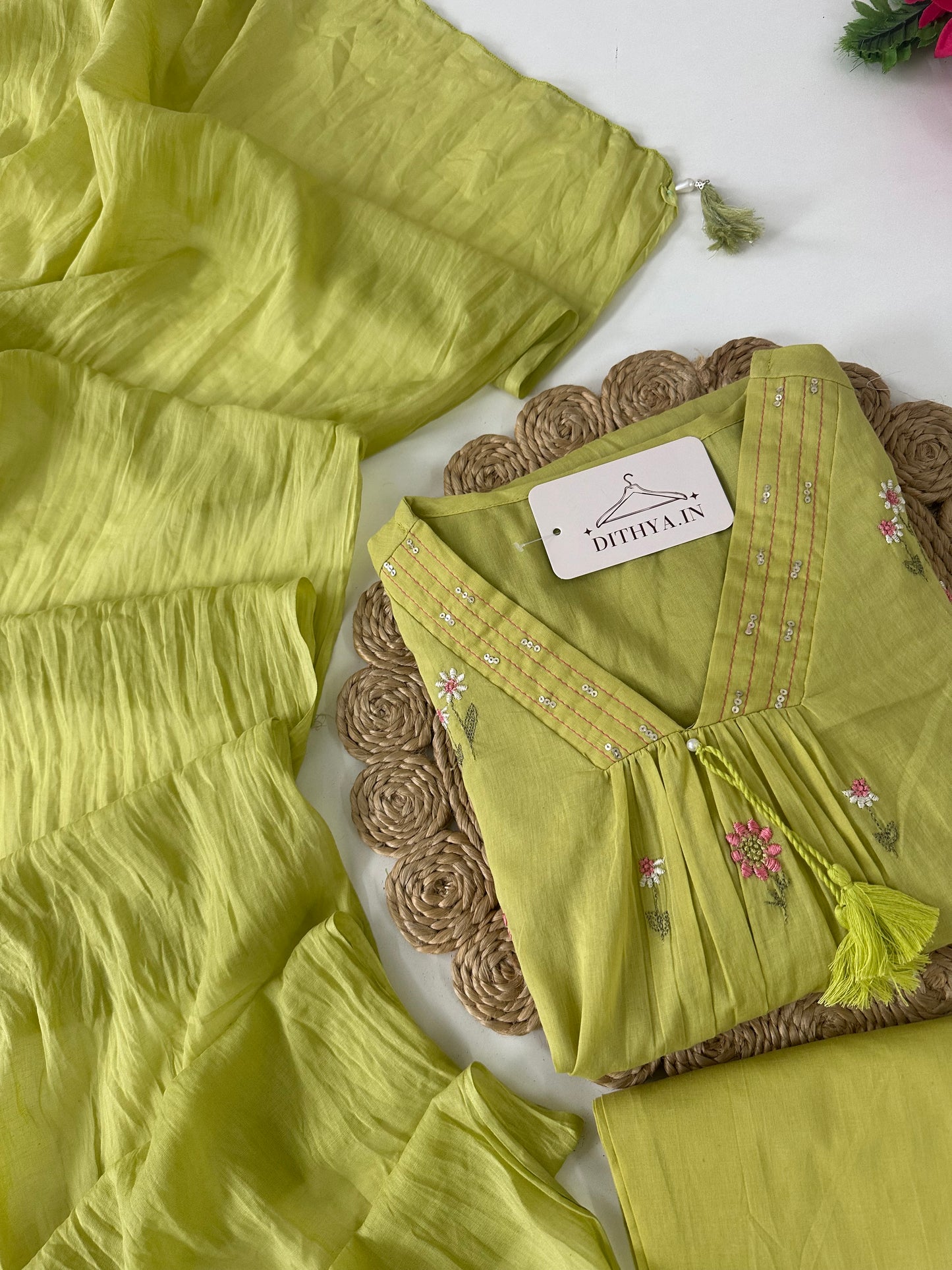 K395 - Mul cotton embroidered Aline Kurti with pants and dupatta in 3 colours