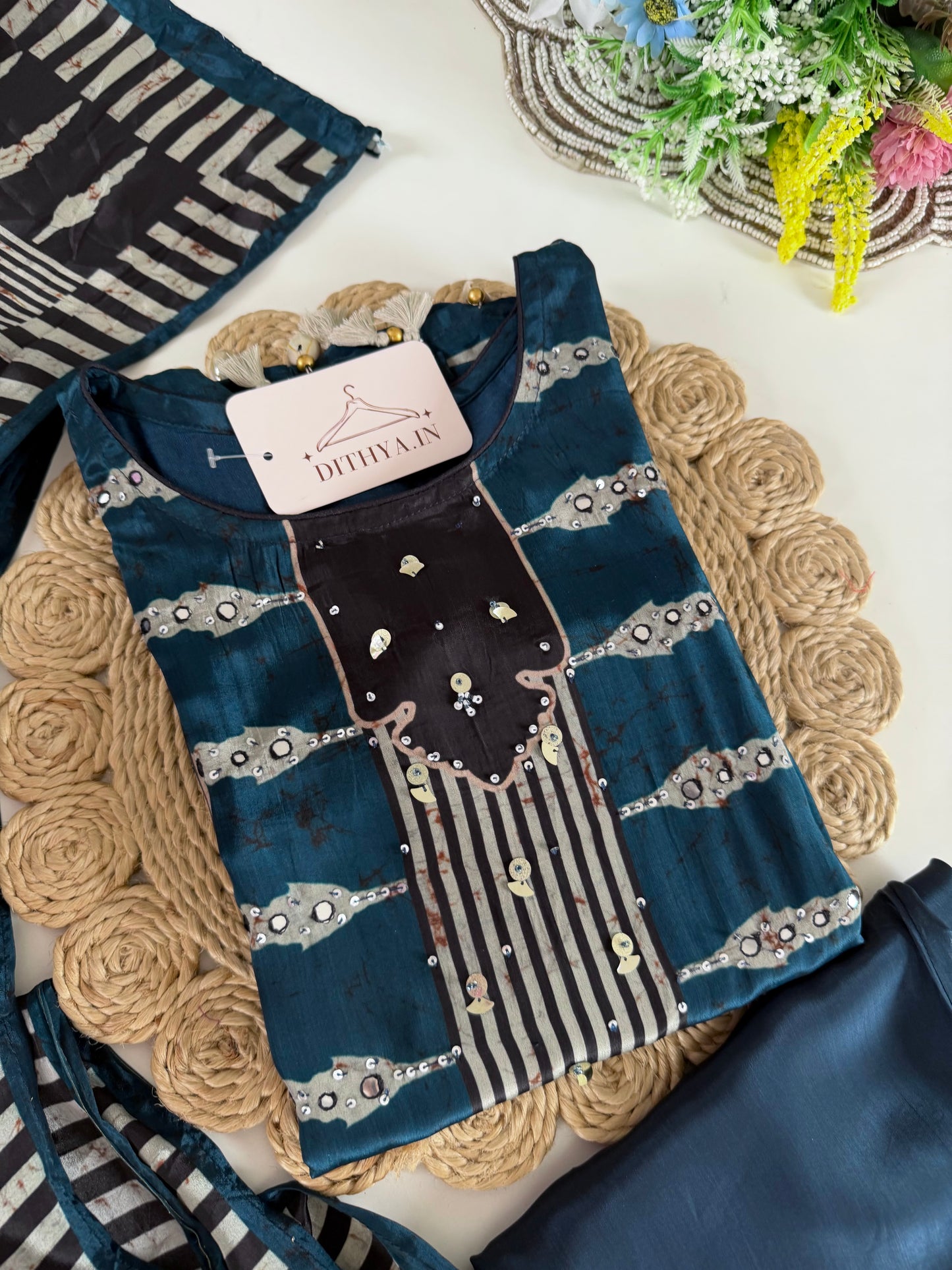 K586 - Pure crape Ajrakh straight Kurti with pants and dupatta