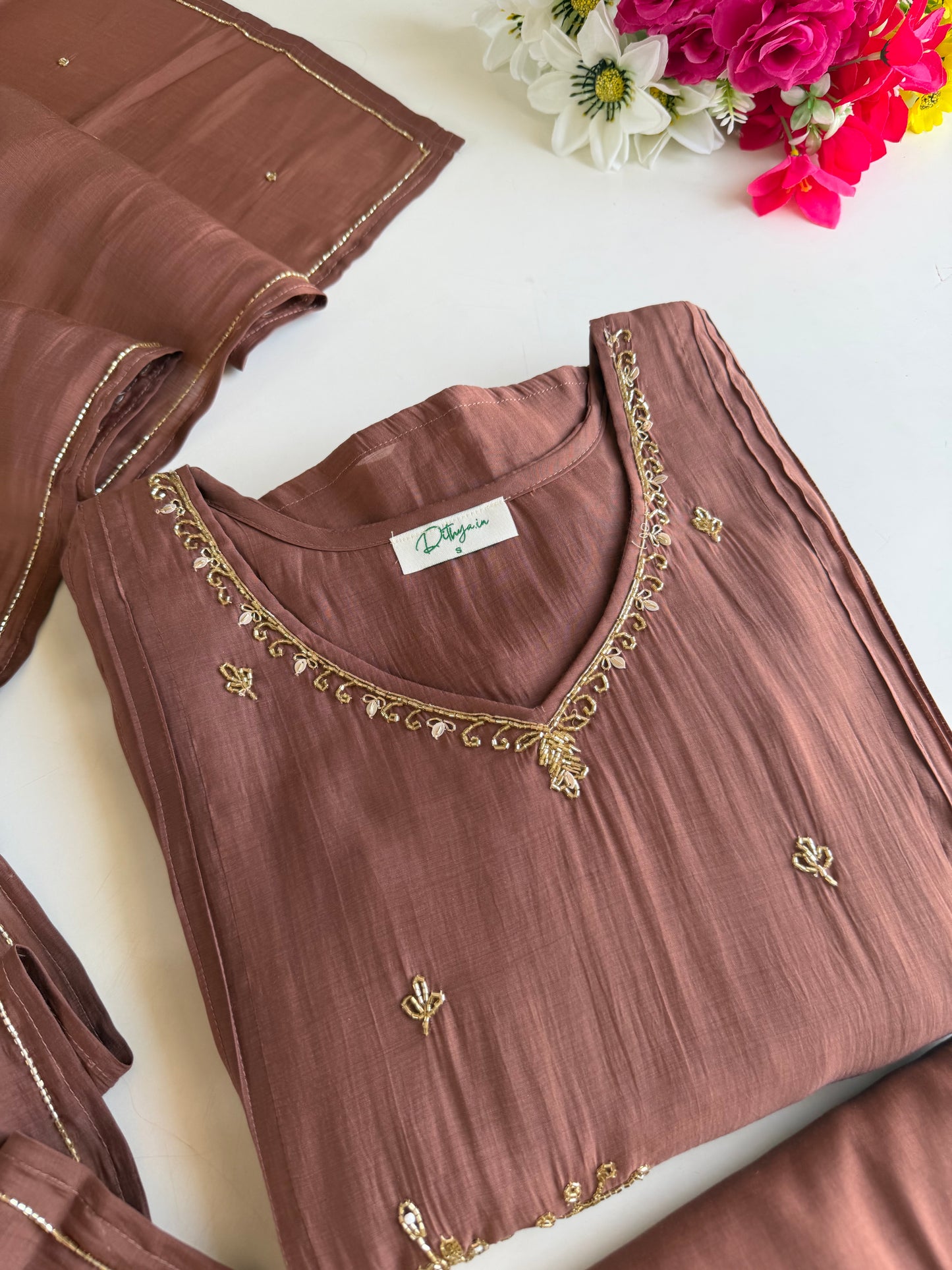 K484 - Surat Mul chanderi handwork aline Kurti with pants and dupatta