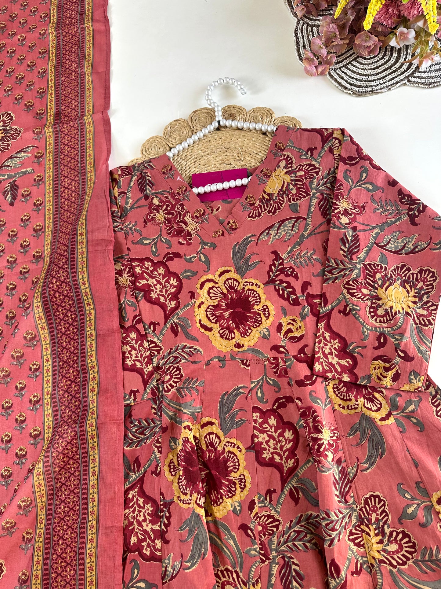 K698 - Mul cotton printed anarkali with pants and dupatta