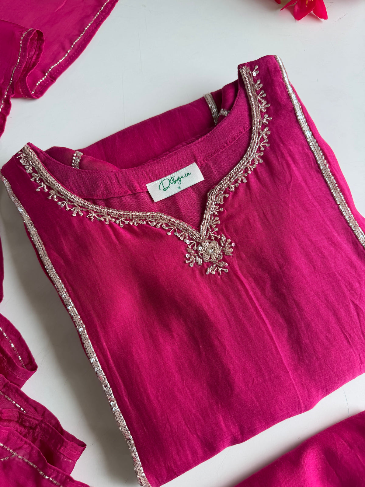 K206 - Mul chanderi handwork aline Kurti with pants and dupatta