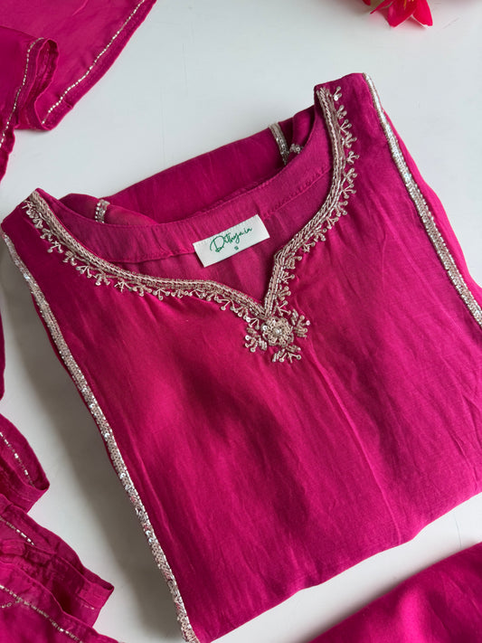 K206 - Mul chanderi handwork aline Kurti with pants and dupatta