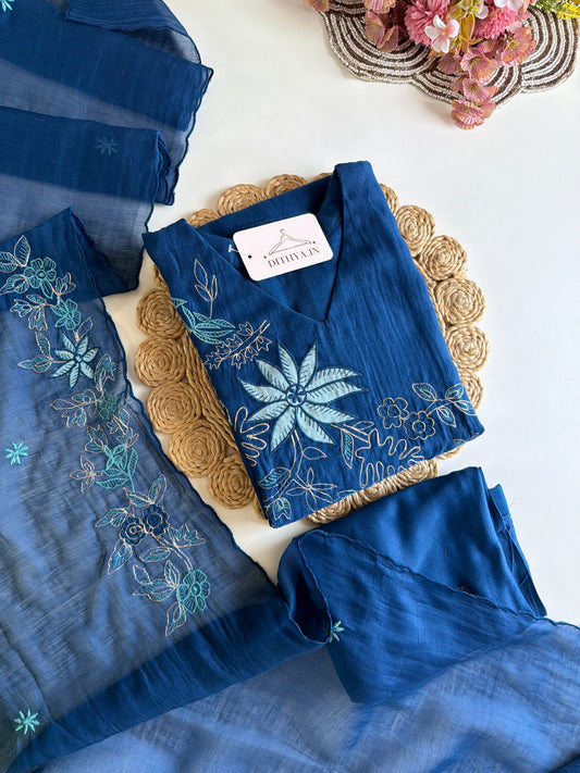 K108 - Mul chanderi embroidered Aline Kurti with pants and dupatta