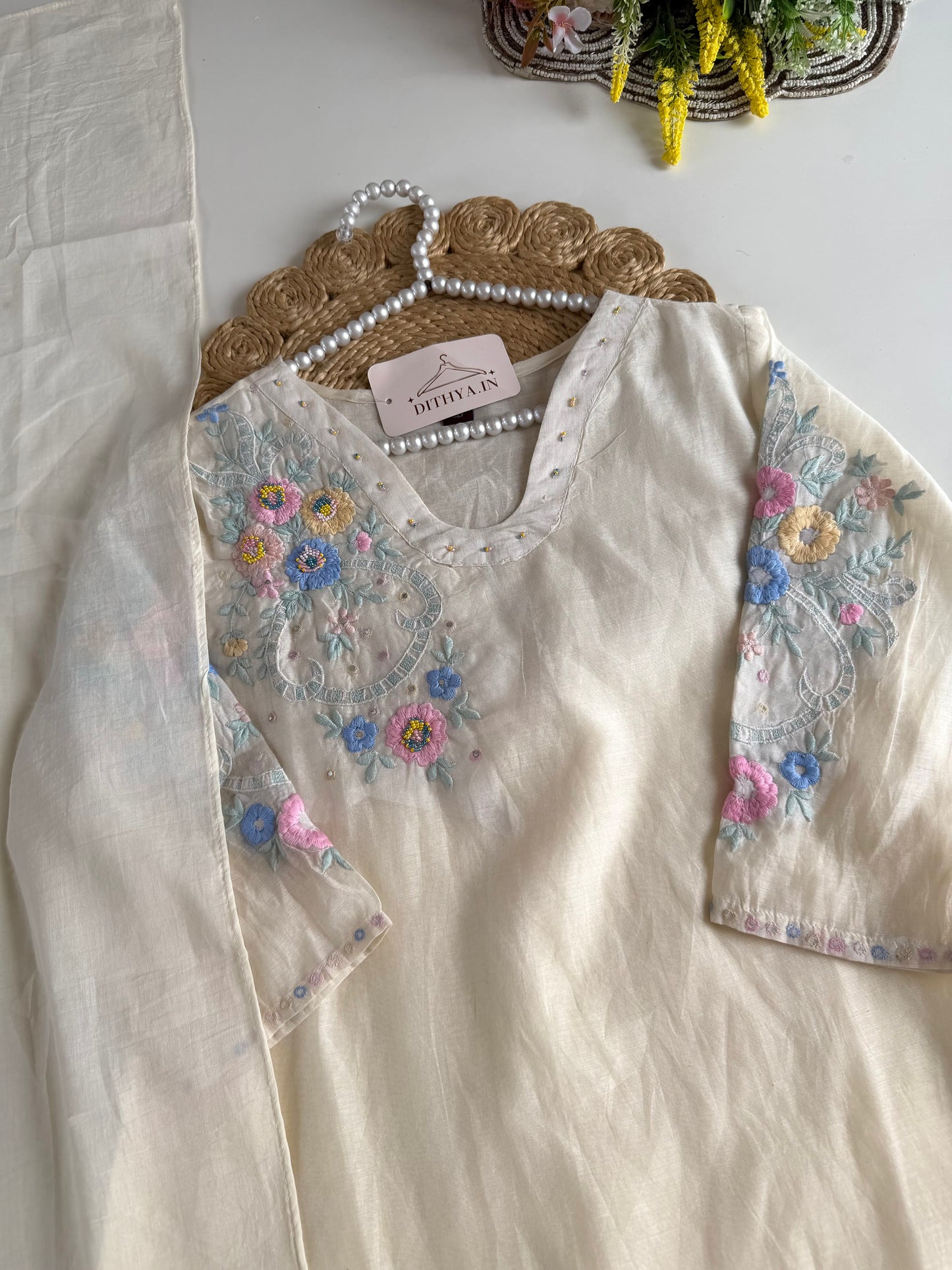 K682 - Mul cotton embroidered Aline Kurti with pants and dupatta