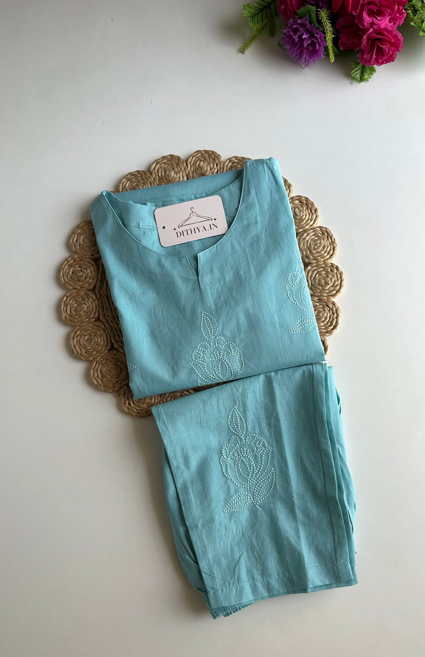K237 - Mul cotton embroidered straight Kurti with pants