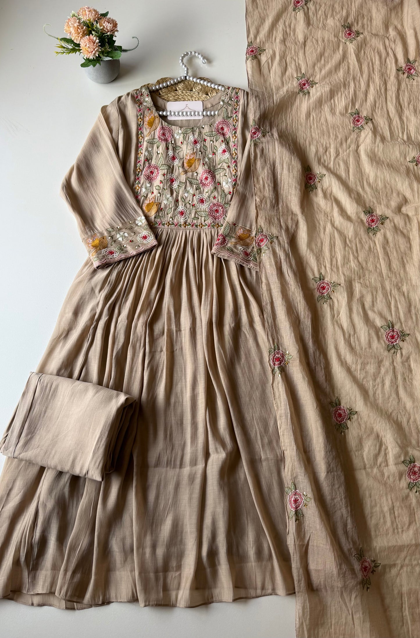 K140 - Mul chanderi embroidered Anarkali with pants and dupatta