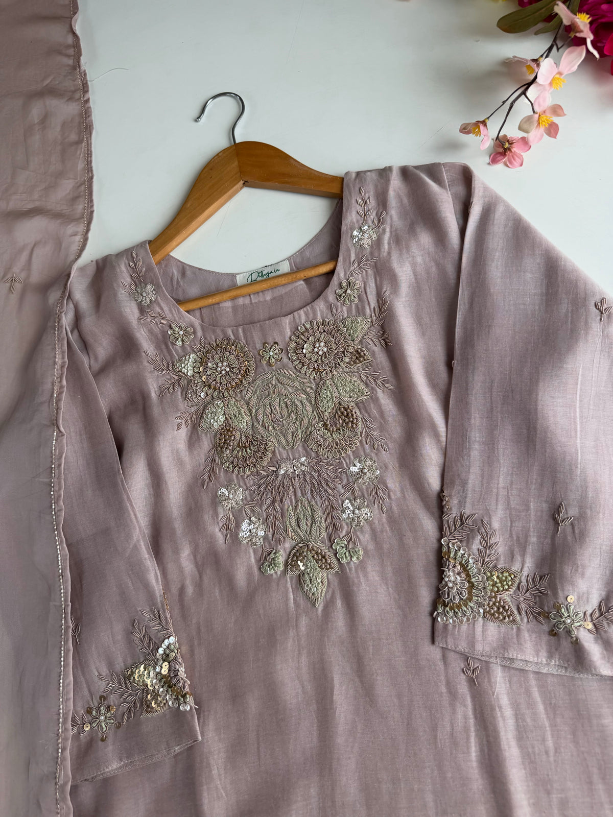 K479 - Mul chanderi handwork aline Kurti with pants and dupatta