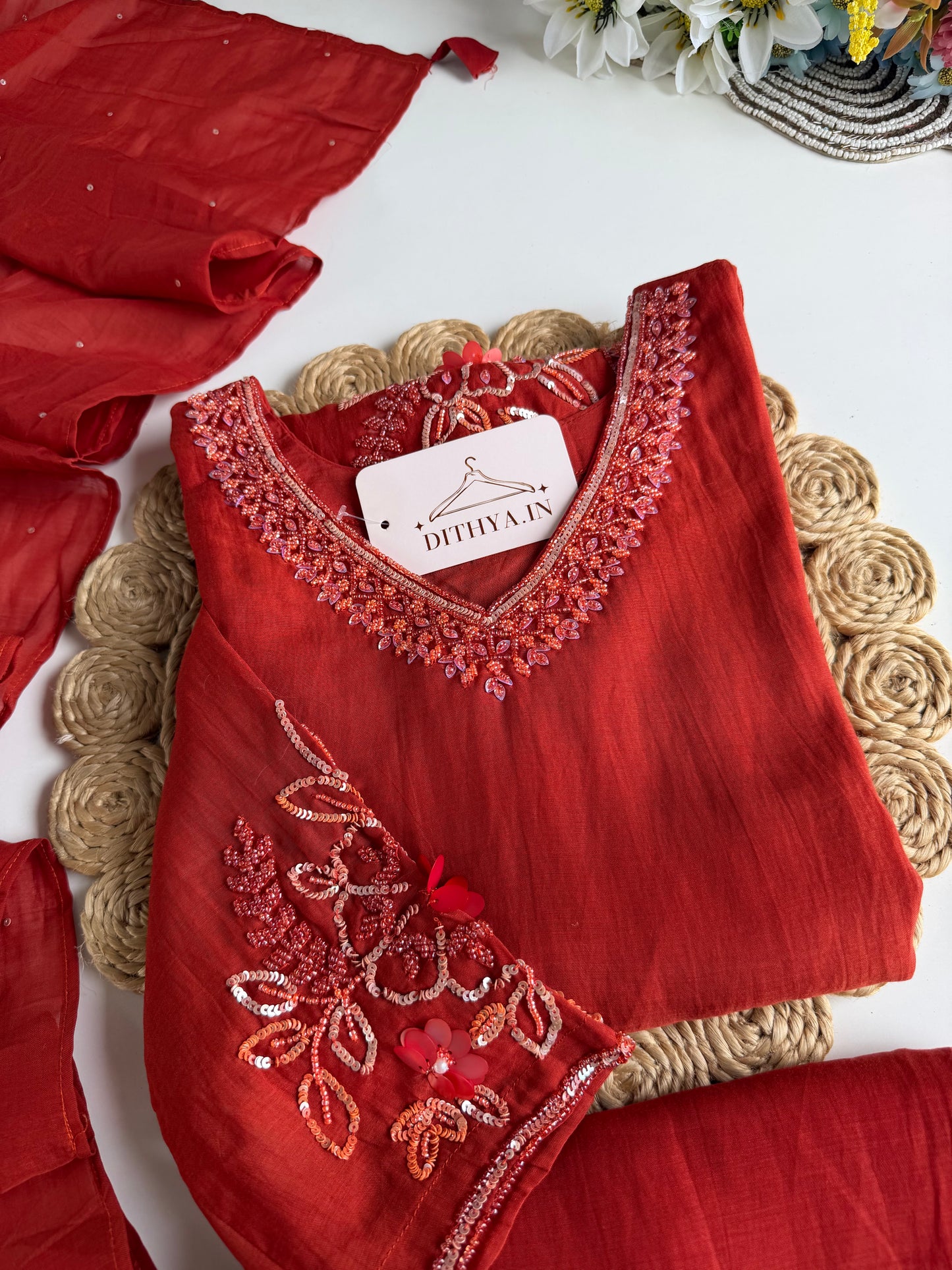 K173 - Mul chanderi handwork short Kurti with palazzo and dupatta