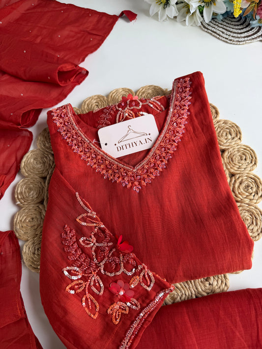 K173 - Mul chanderi handwork short Kurti with palazzo and dupatta
