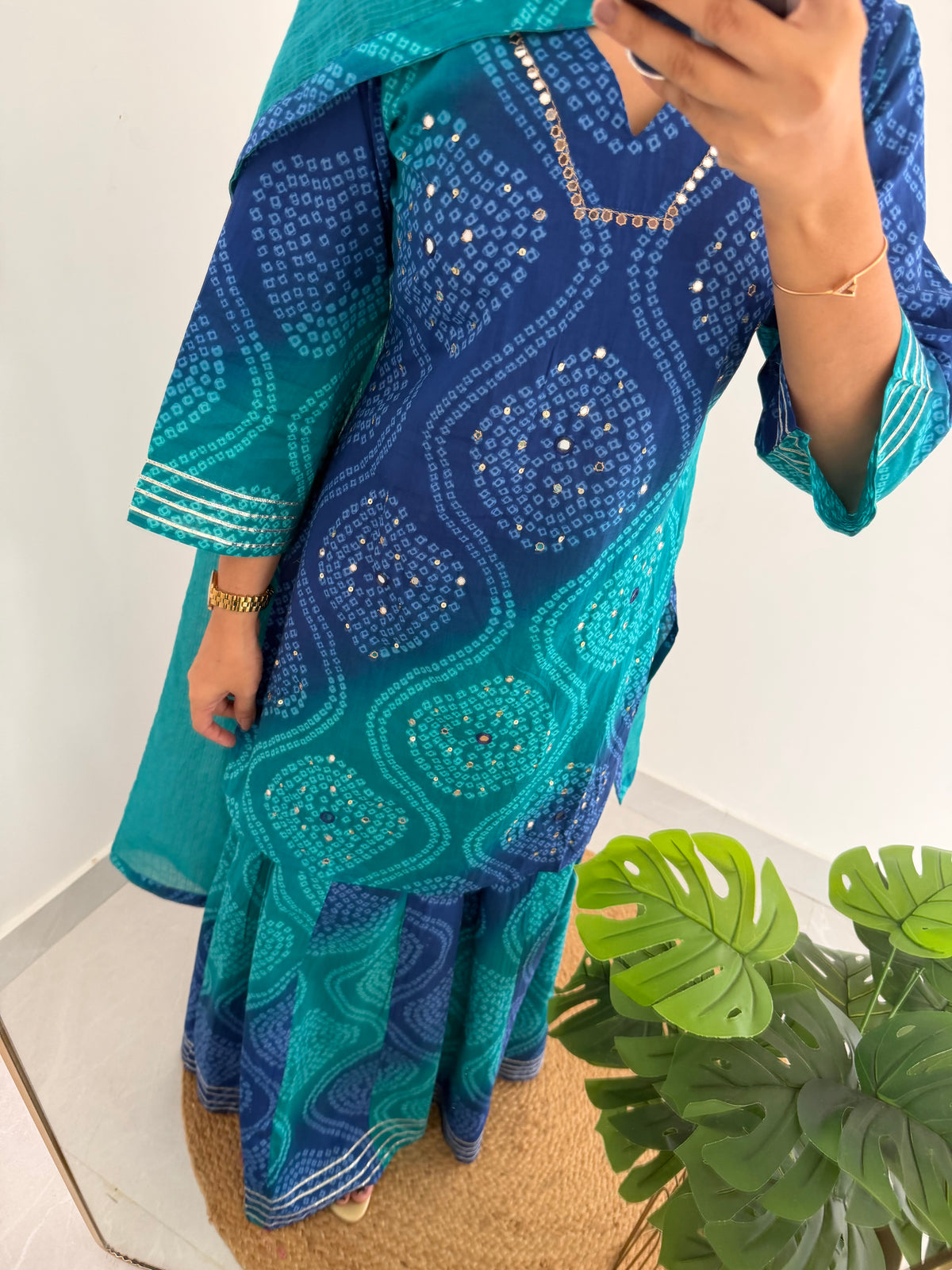 K090 - Mul cotton bandhini mirror work short Kurti with palazzo pants and dupatta