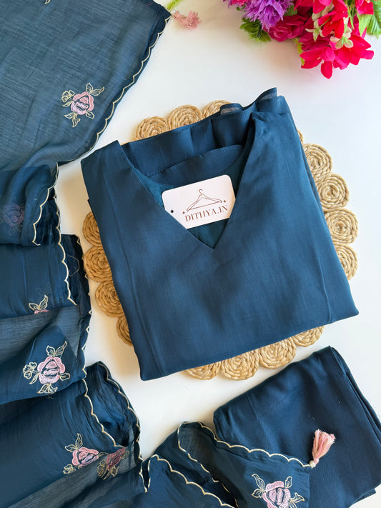 K582-Surat Mul chanderi embroidered Aline Kurti with pants and dupatta