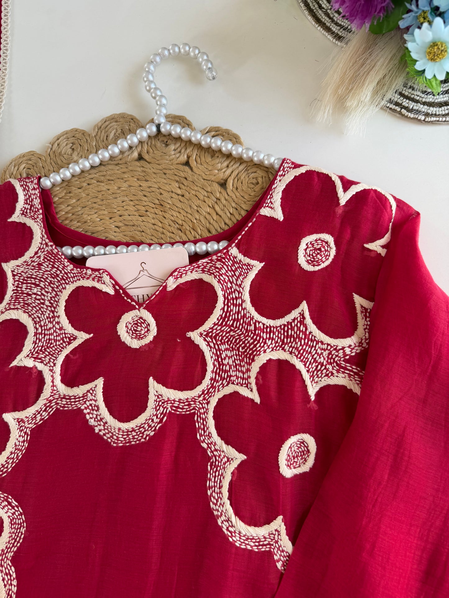 K609 - Mul chanderi embroidered Aline Kurti with pants and dupatta