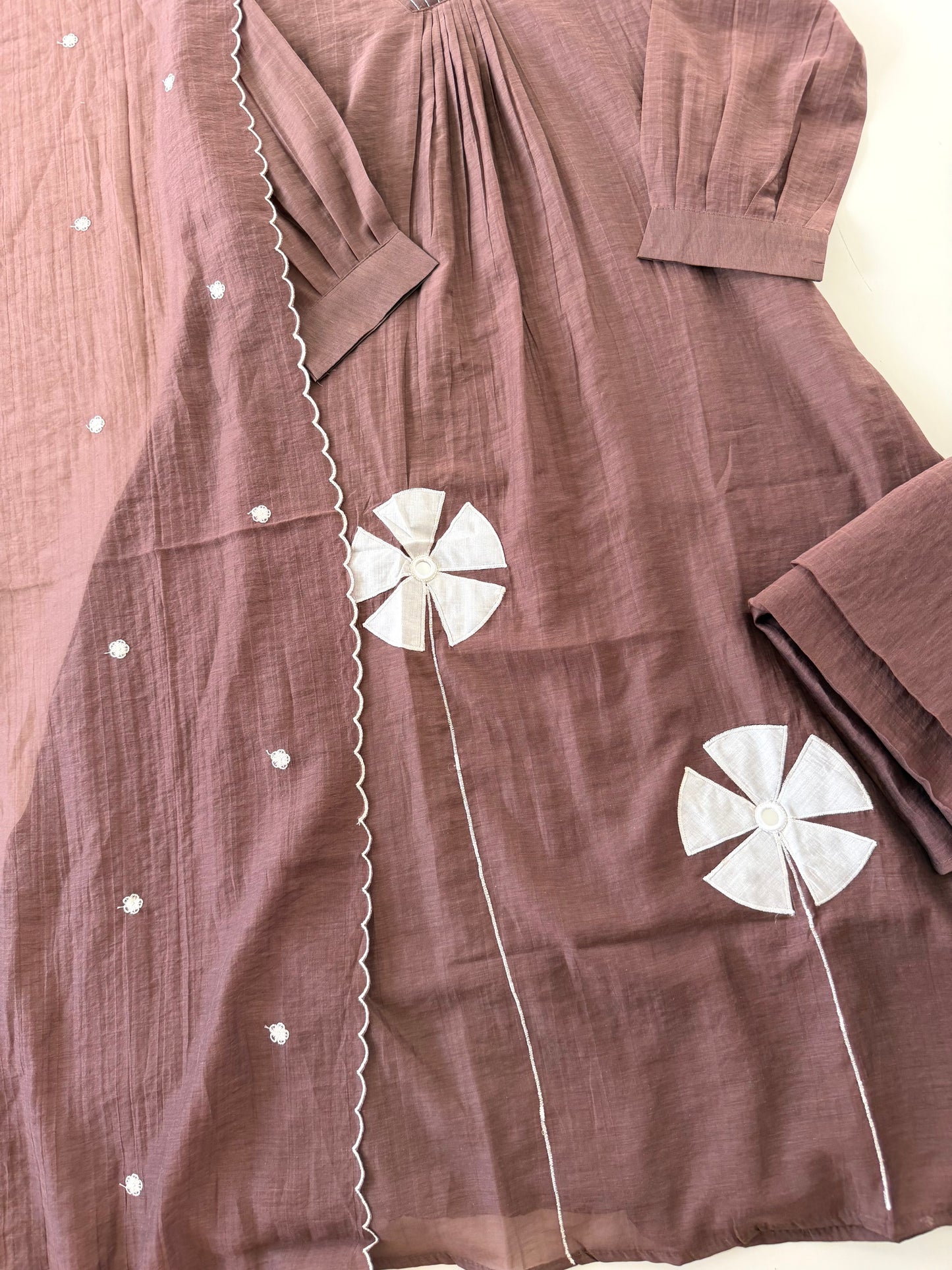 K532 - Muslin silk embroidered Aline Kurti with pants and dupatta in 2 colours