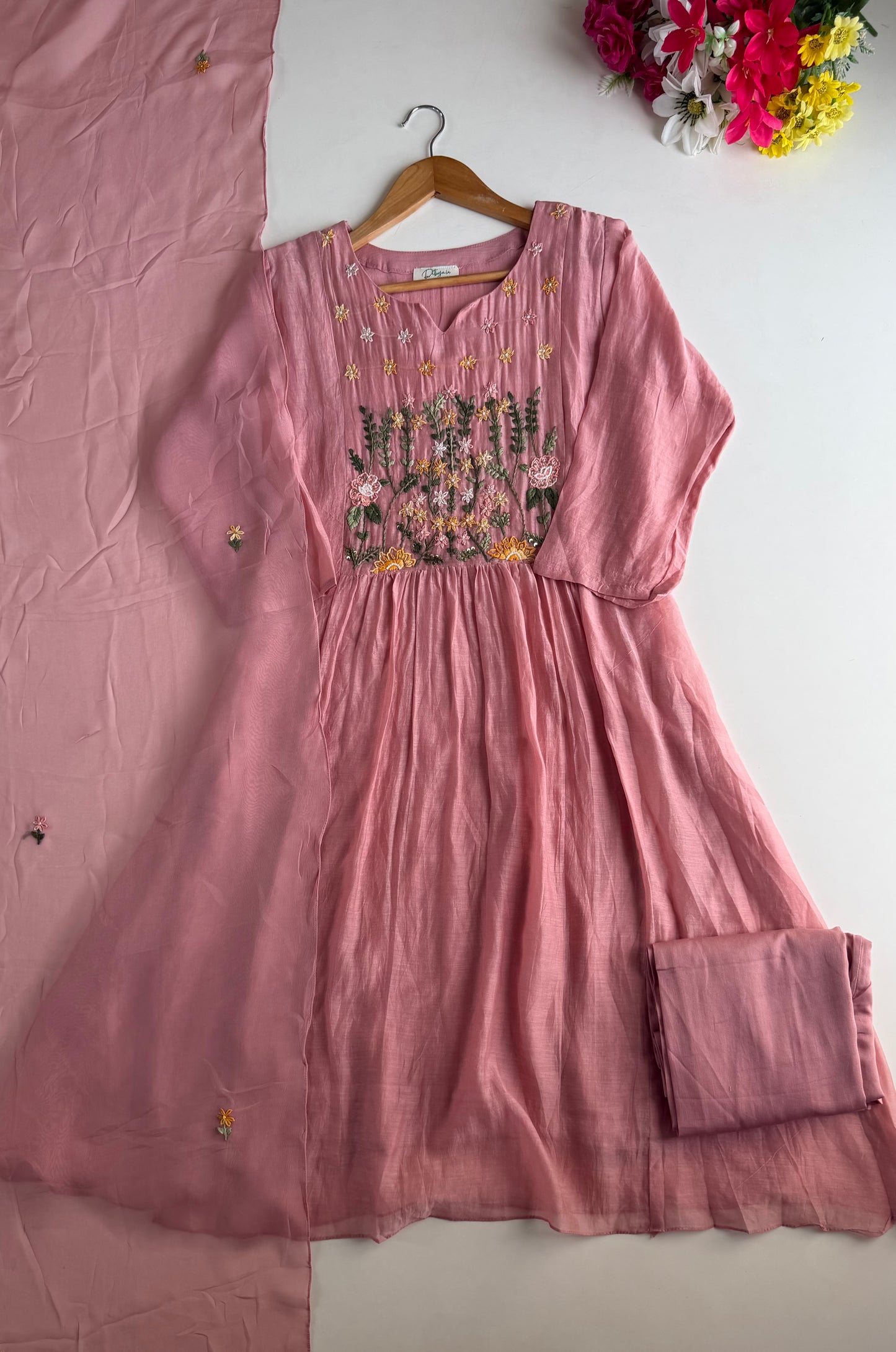 K594 - Mul chanderi hand embroidered Anarkali with pants and dupatta in 2 colours