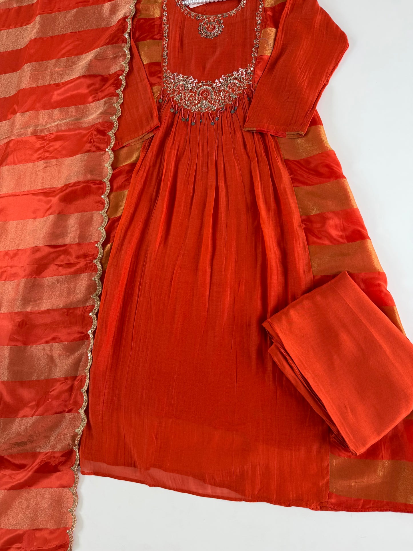 K165 - Mul chanderi handwork aline Kurti with pants and dupatta