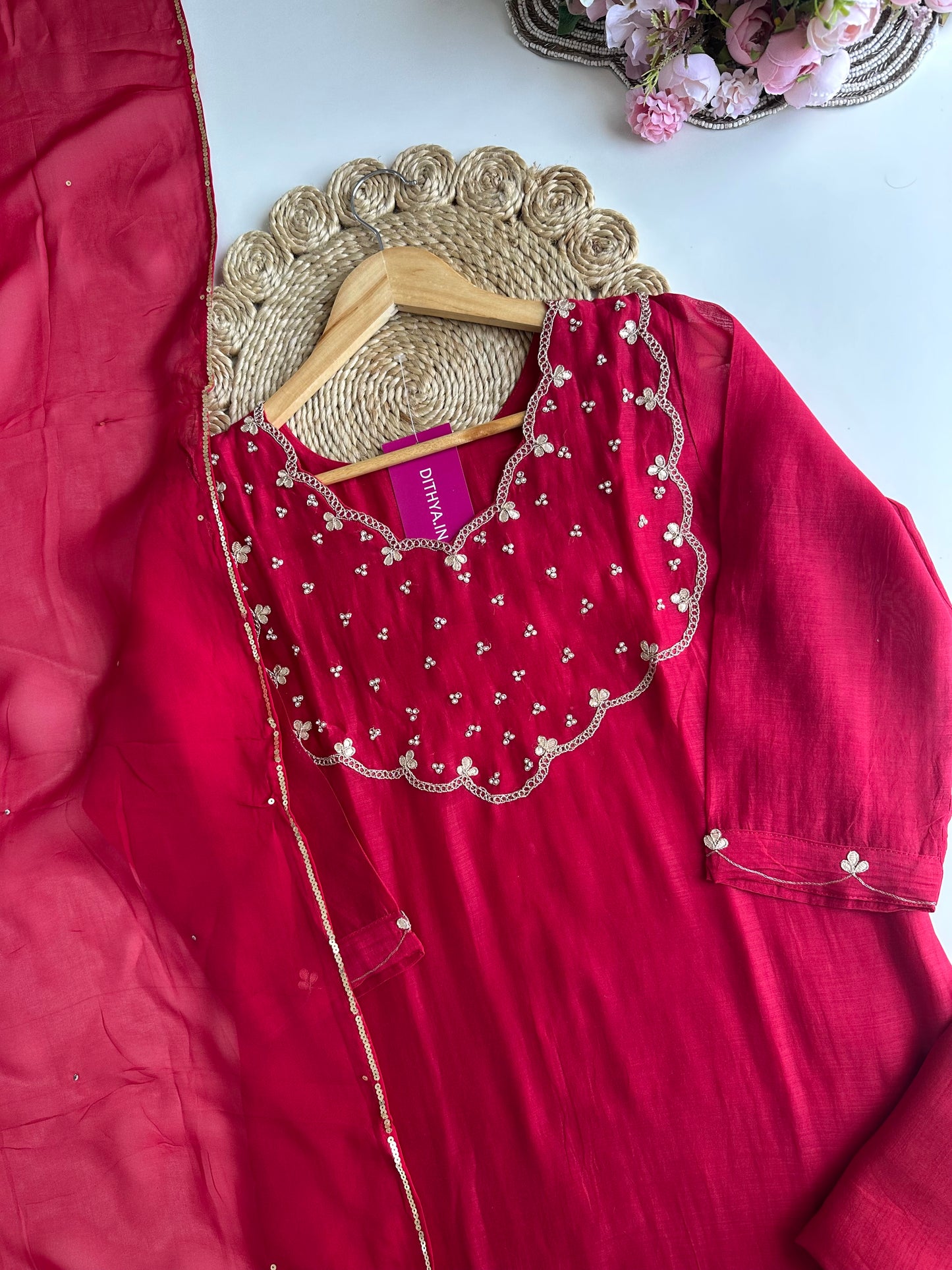 K184 - Mul Chanderi gota work straight Kurti with pants and dupatta