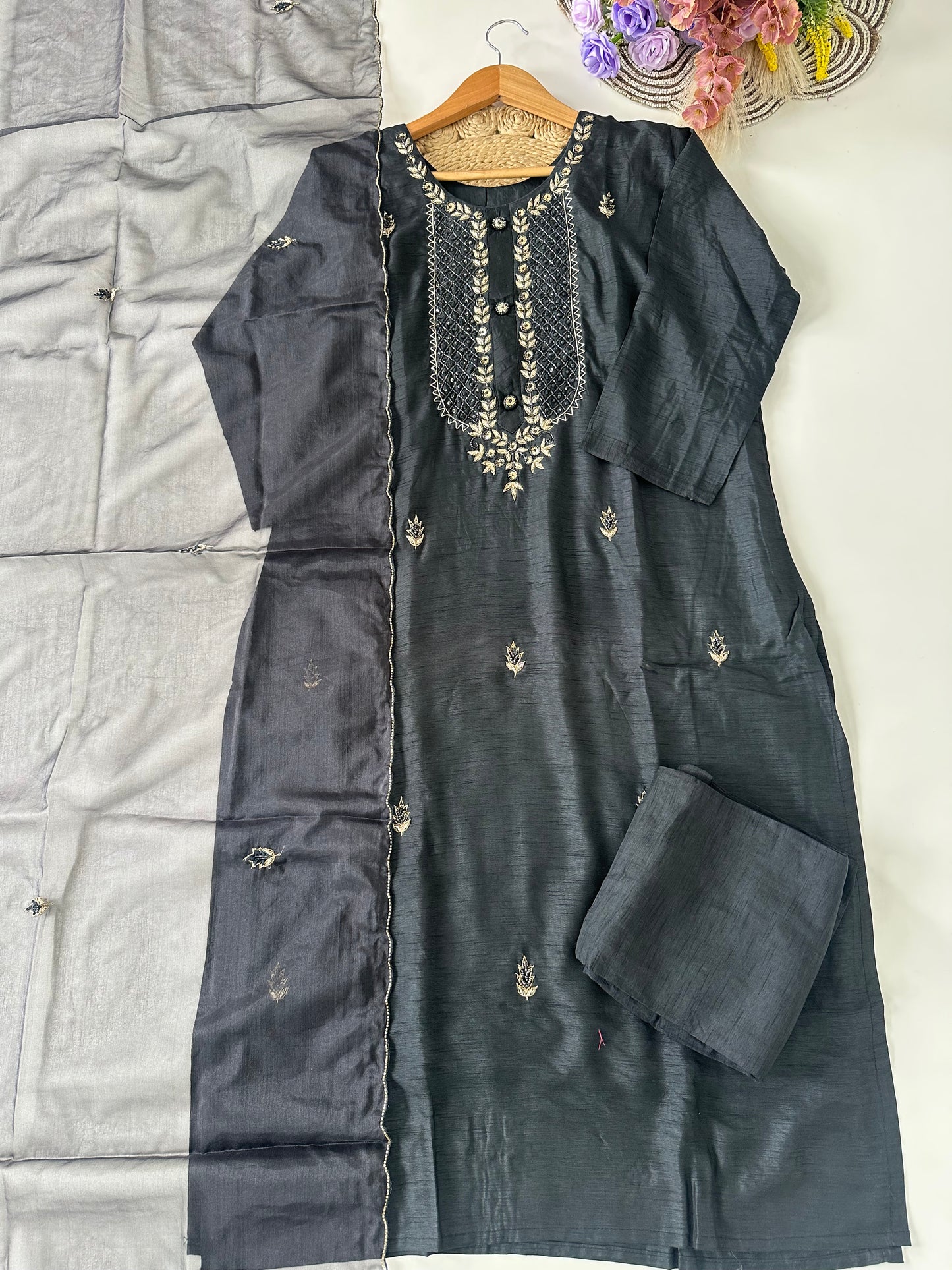 D292 - Dola silk straight kurti with pants and dupatta