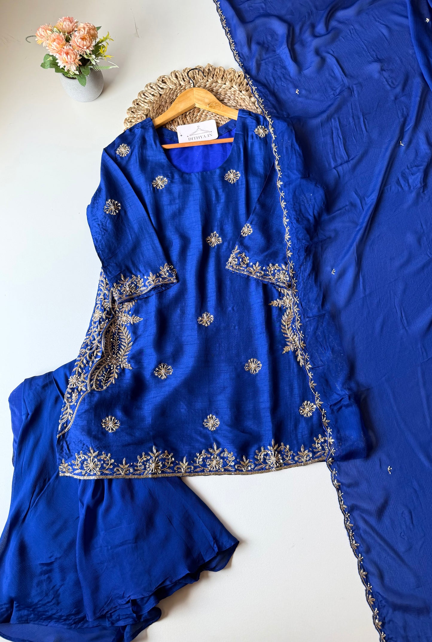 K479 - Russian silk Handwork short Kurti with palazzo and dupatta