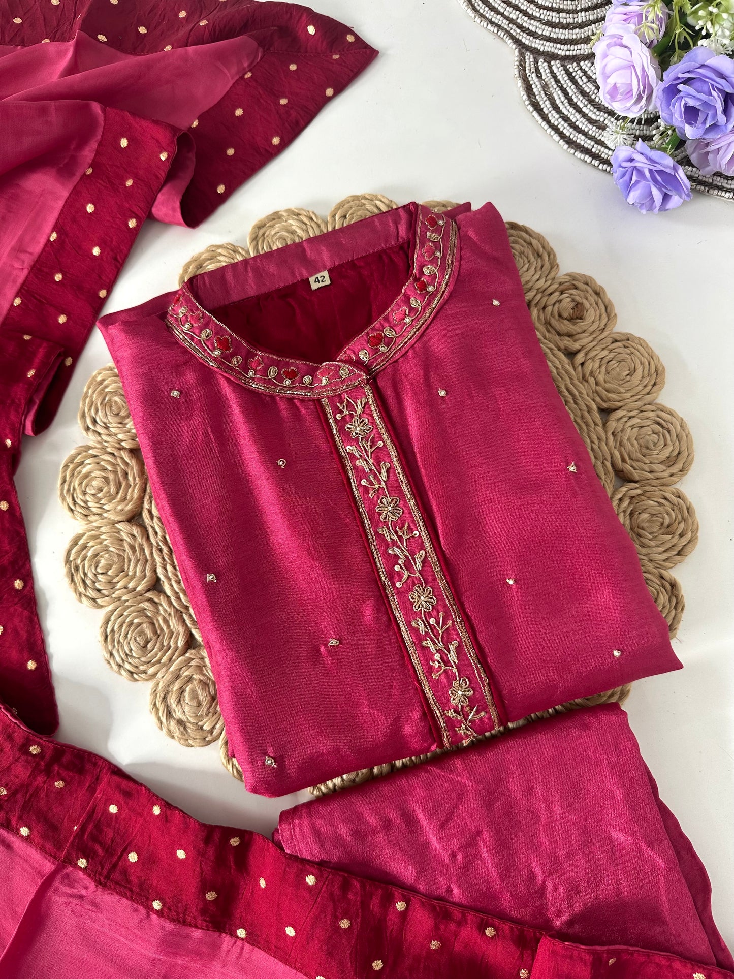 D048 -Russian silk straight kurti with pants and dupatta