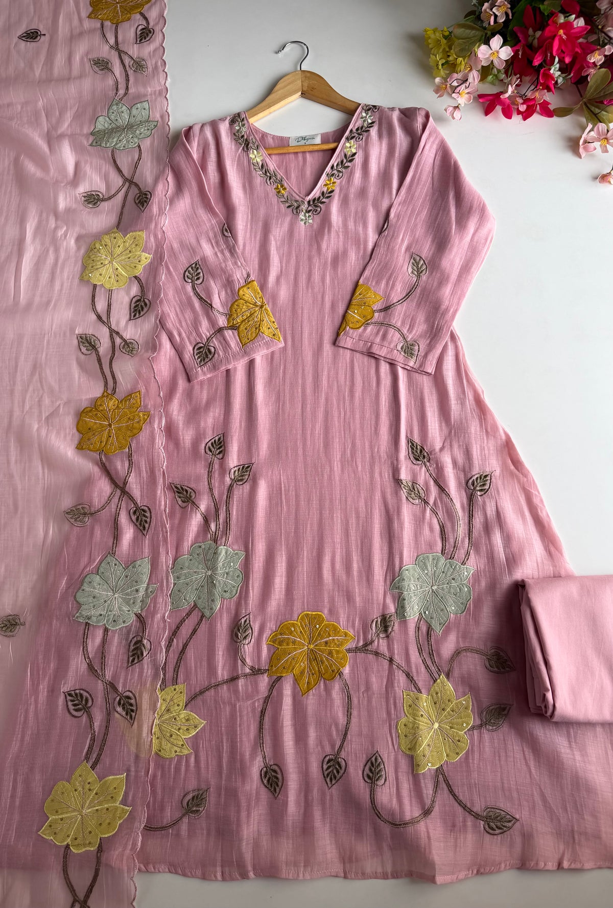 K185 - Mul chanderi appliqué embroidered Aline Kurti with pants and dupatta