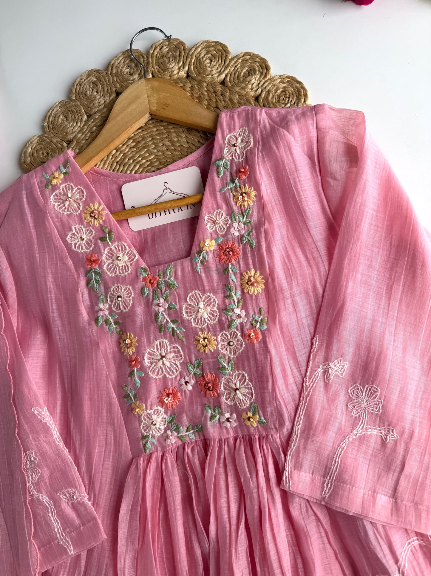 K678 - Mul chanderi embroidered Anarkali with pants and dupatta