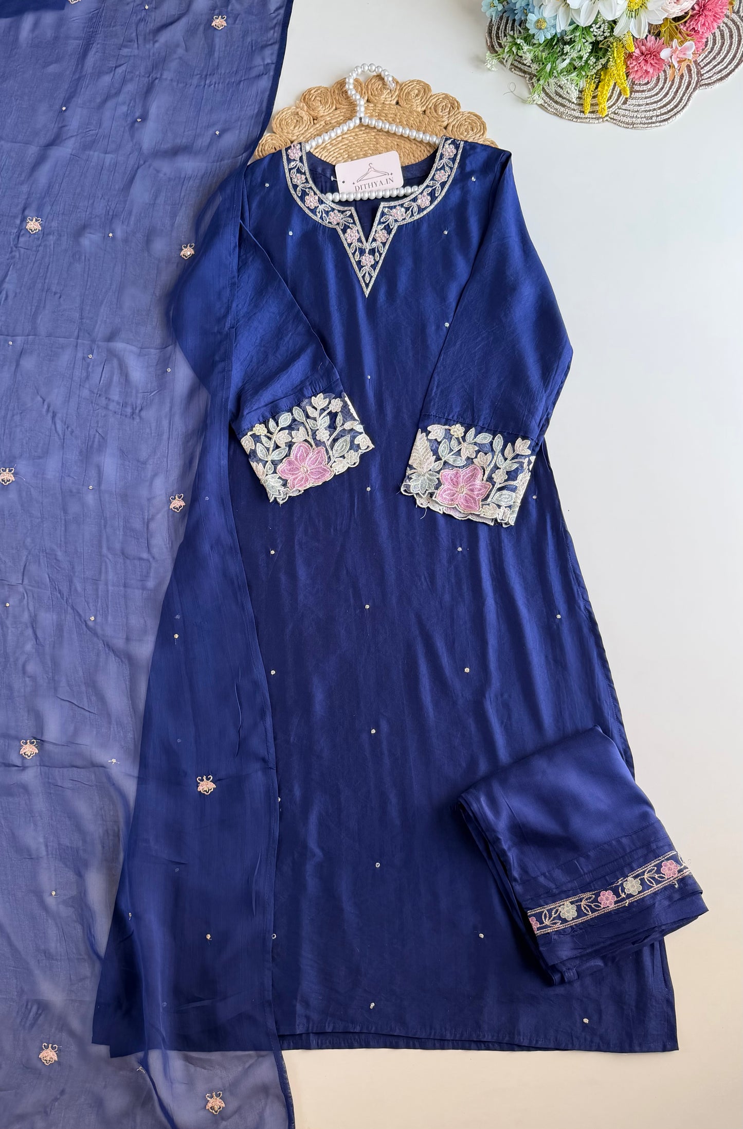 K679 - HO silk embroidered straight Kurti with pants and dupatta