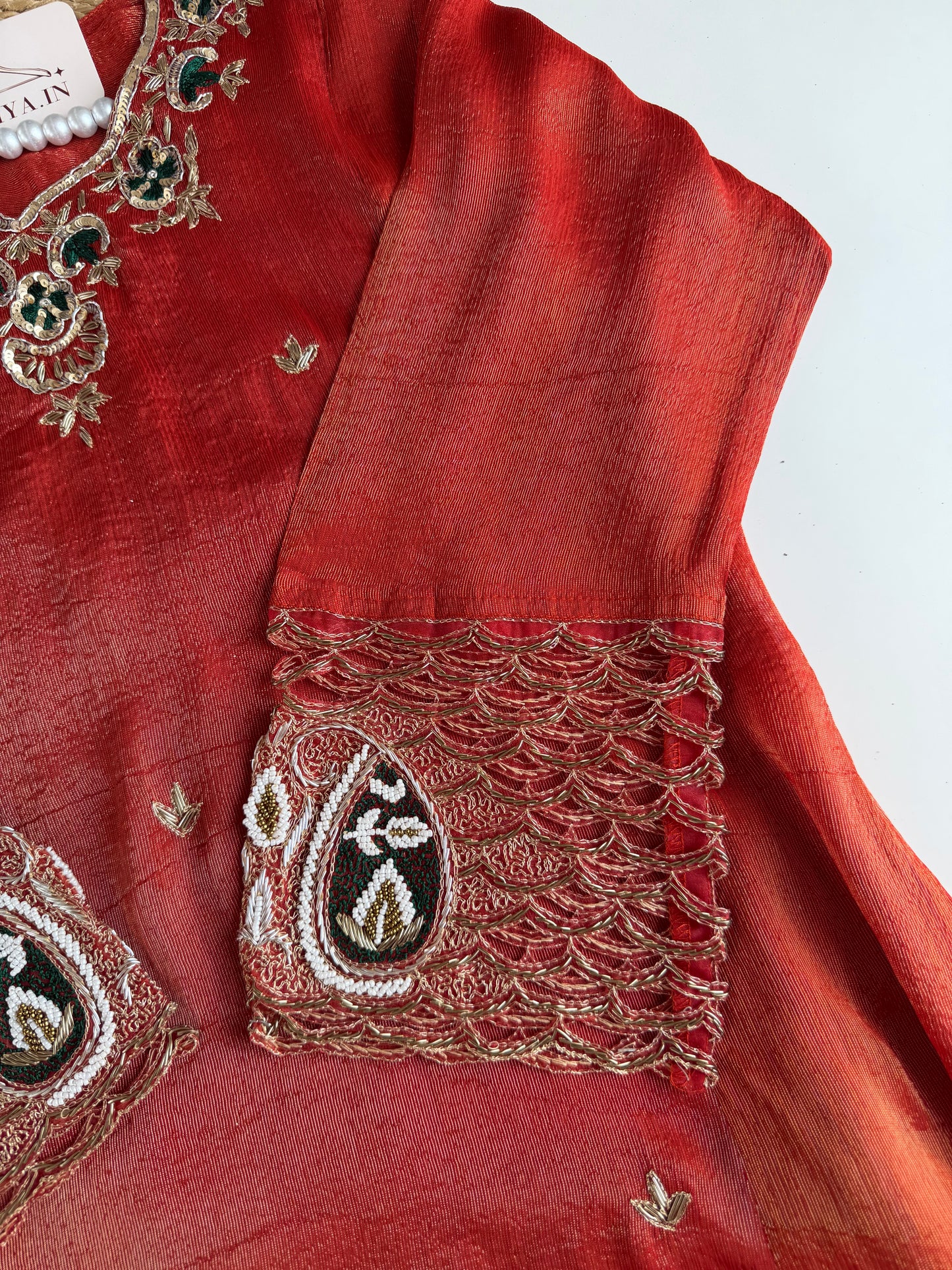 K491 - Tissue silk handwork aline Kurti with pants and dupatta