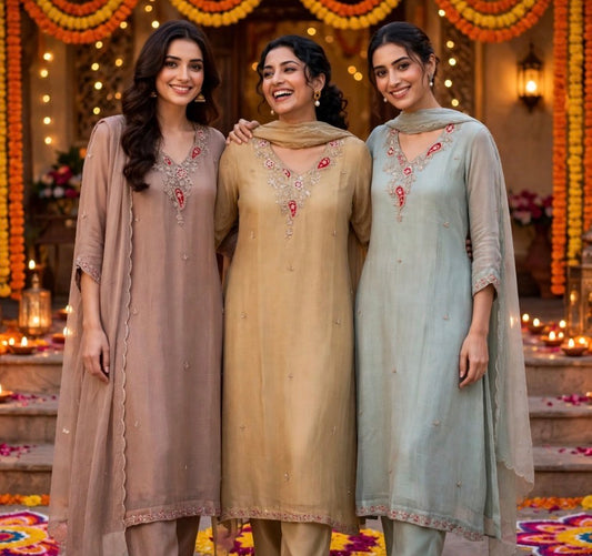 K229 - Kota doriya handwork aline Kurti with pants and dupatta in 3 colours