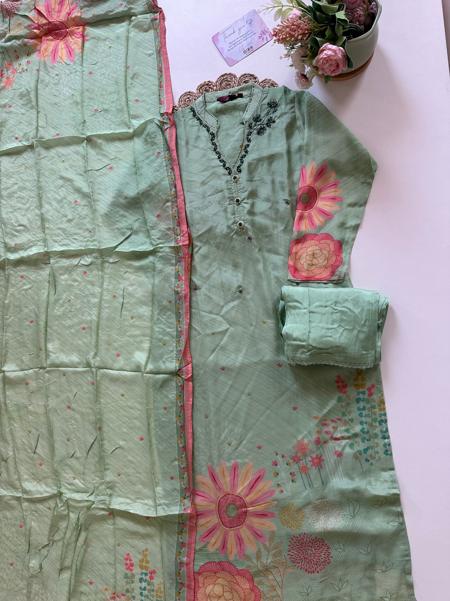 K101 - Muslin Silk Printed straight kurti with pants and dupatta.