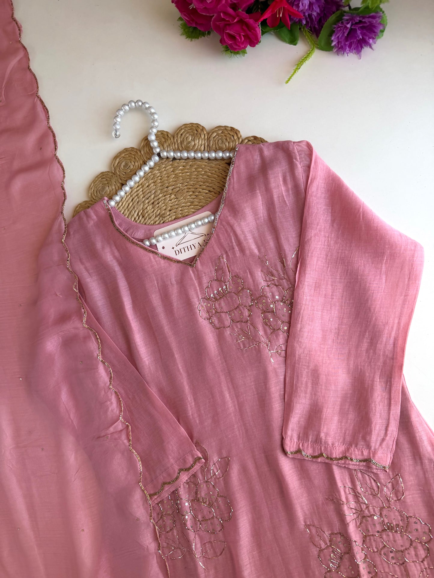 K103 - Mul chanderi handwork aline Kurti with pants and dupatta