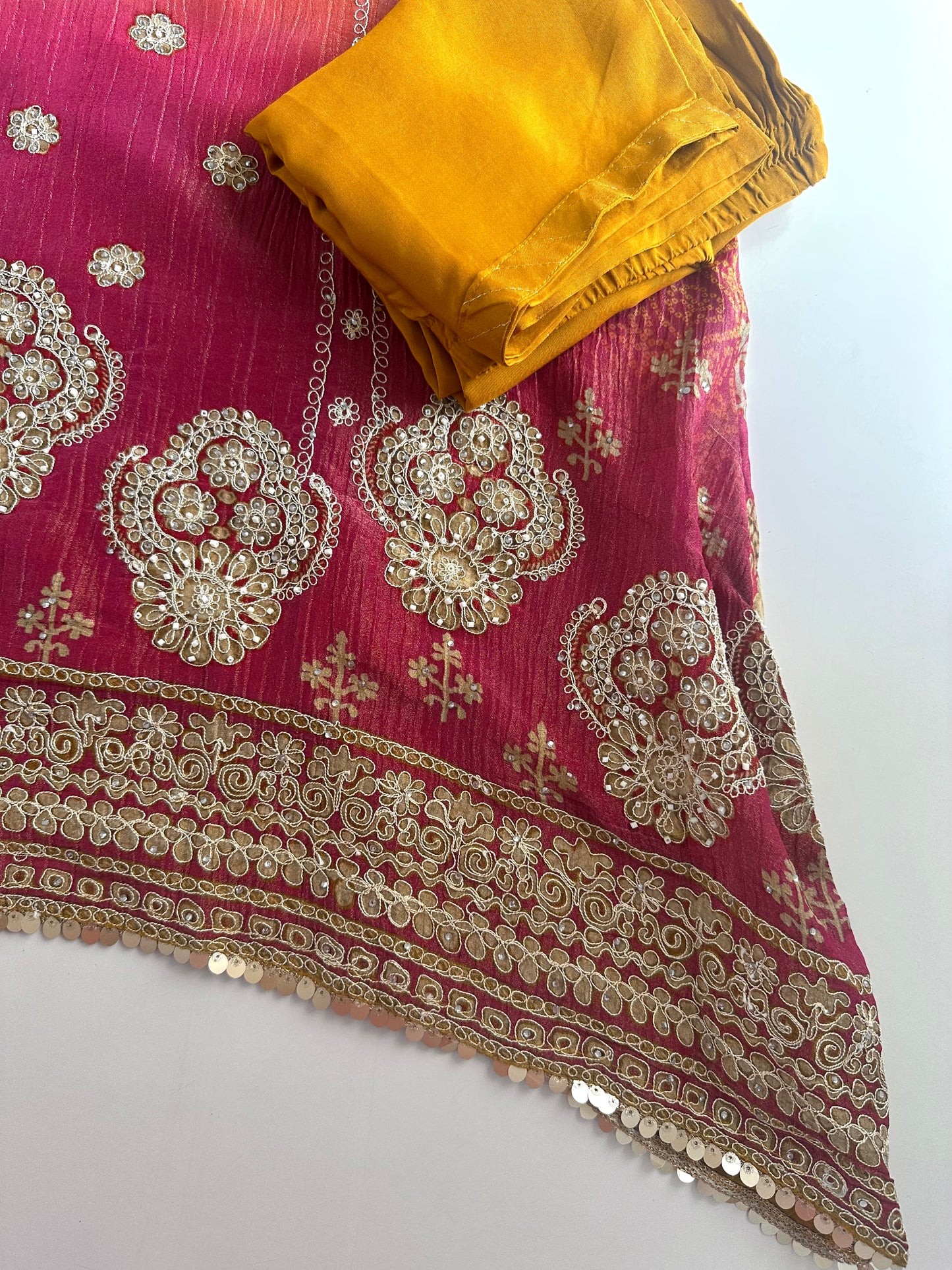 K004 - Crushed tissue handwork Aline Kurti with pants and dupatta