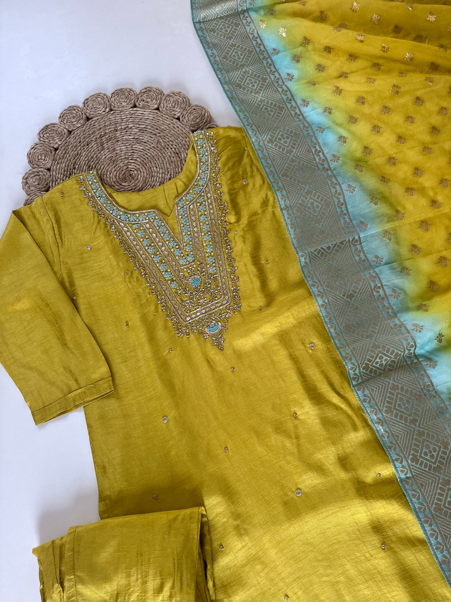 K309 - Zardosi work Russian silk straight kurti with pants and Banarasi silk dupatta .