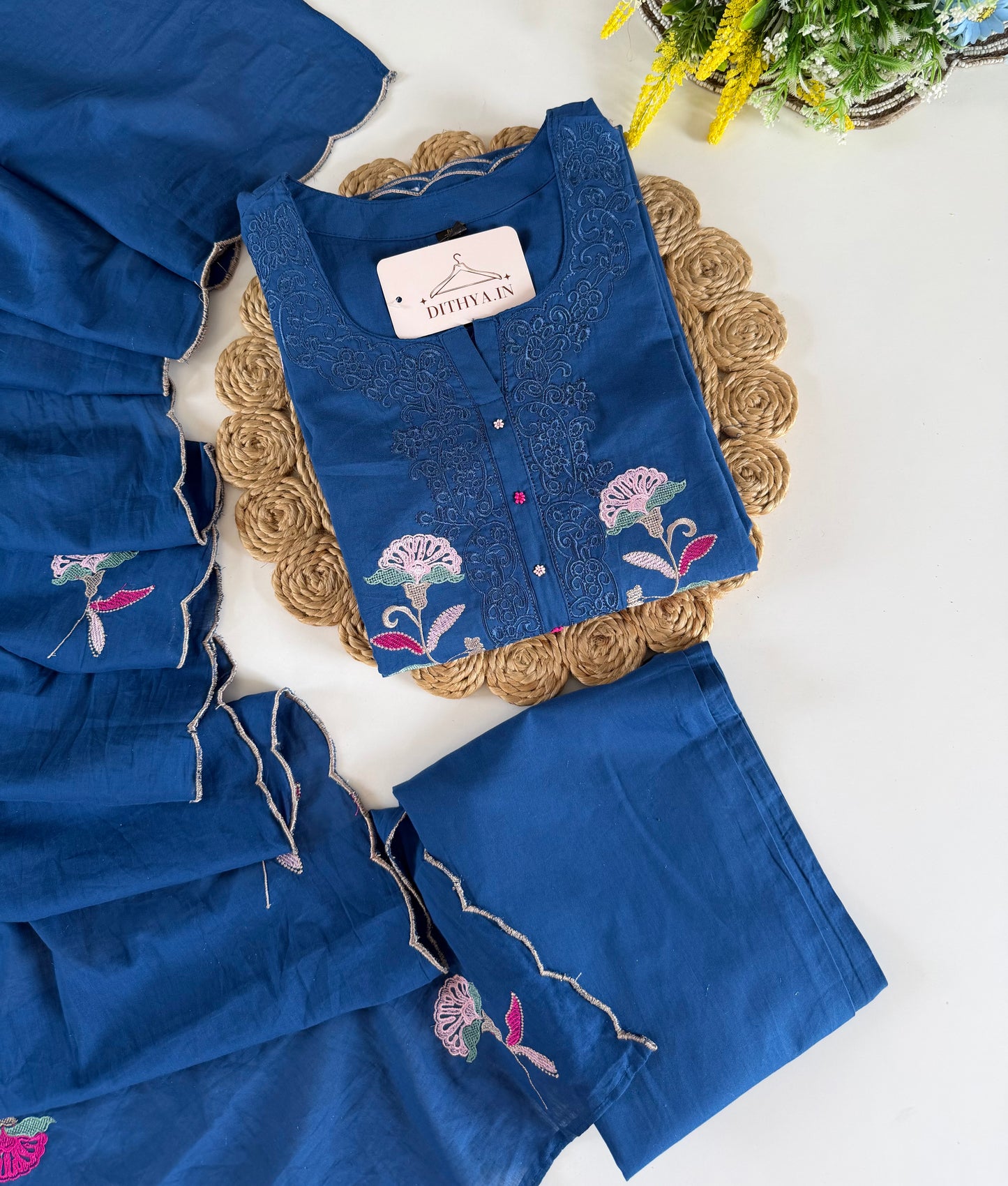 K679 - Mul cotton embroidered straight Kurti with pants and dupatta