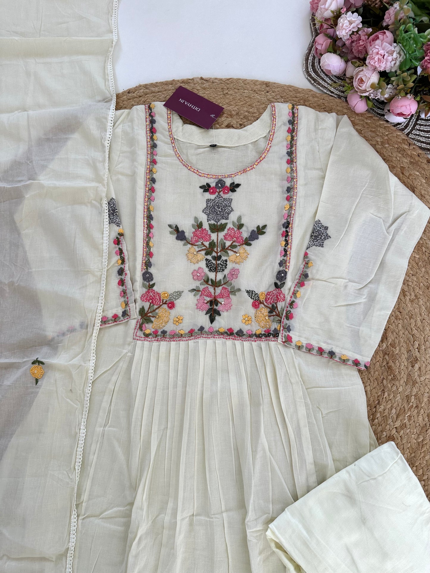 K157 - Mul cotton embroidered Anarkali with pants and dupatta in 2 colours