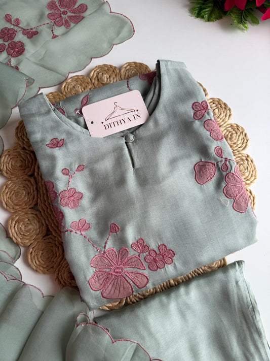 K014 - Russian silk appliqué embroidered straight Kurti with pants and dupatta