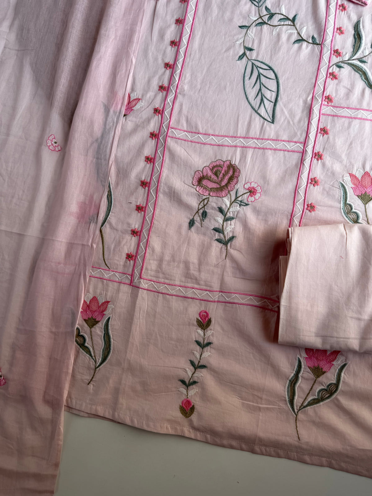 K296 - Mul cotton floral embroidered straight Kurti with pants and dupatta