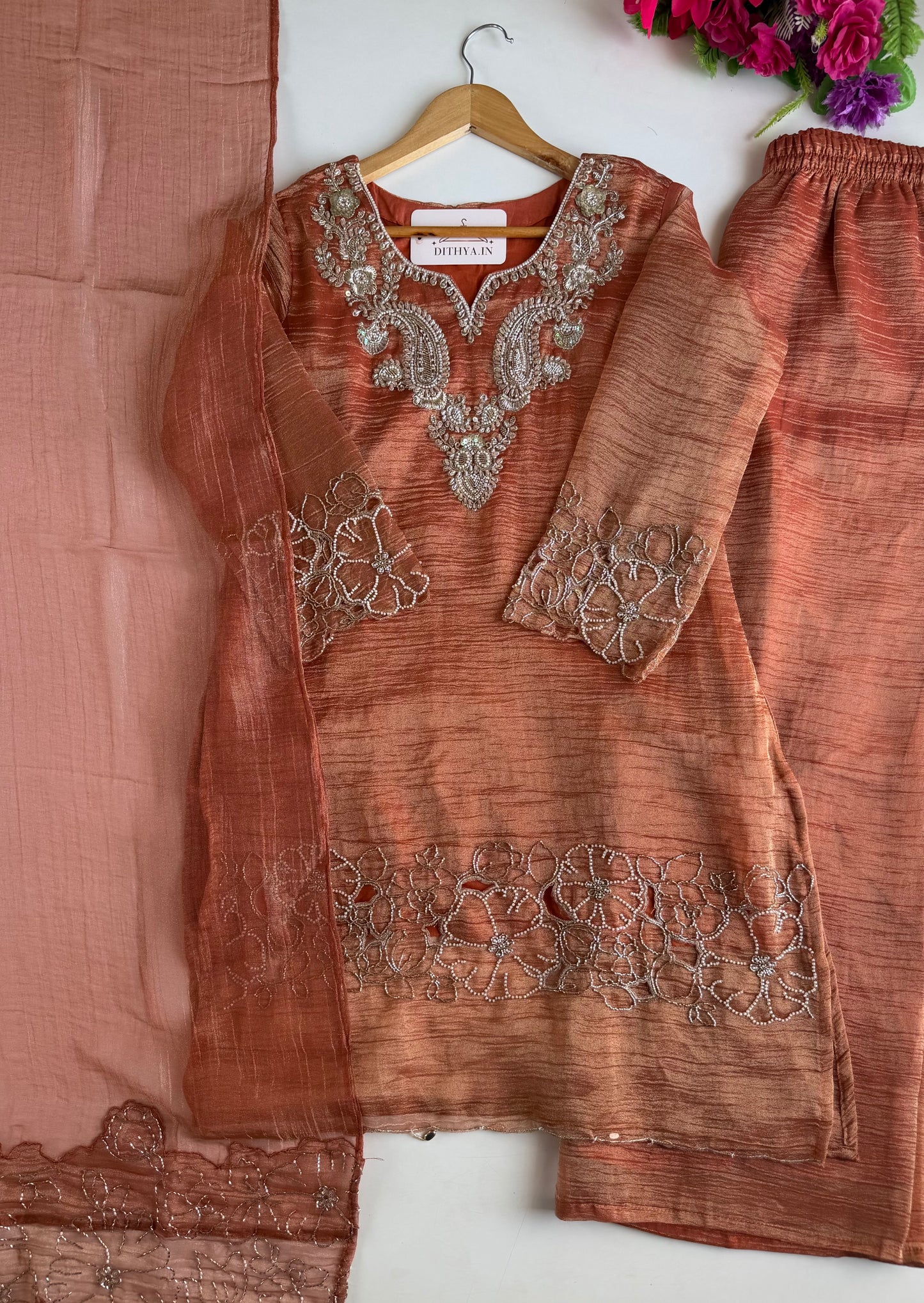 K047 - Crushed tissue handwork short Kurti with divider pants and dupatta