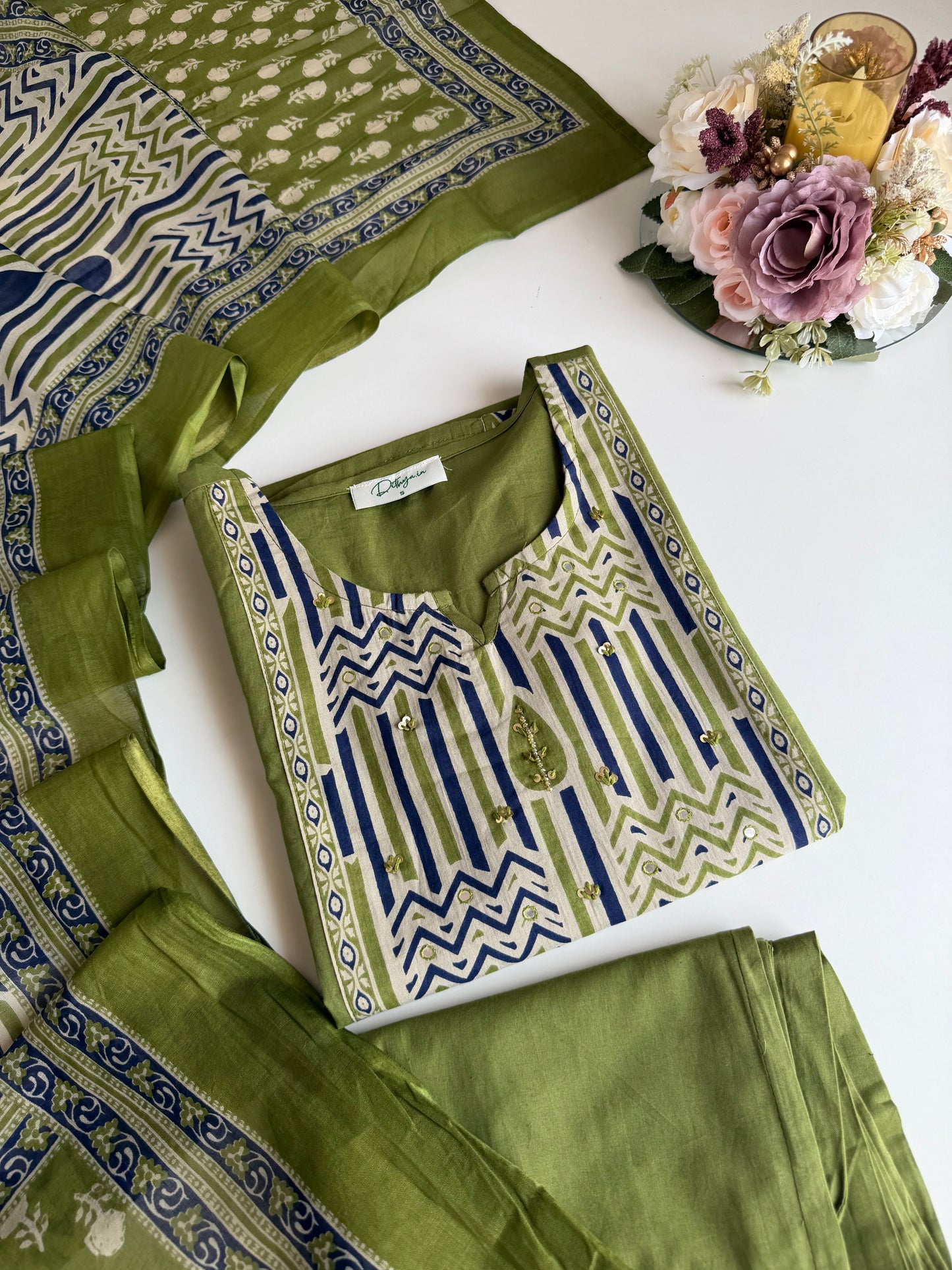 K576 - Mul cotton embroidered straight Kurti with pants and dupatta