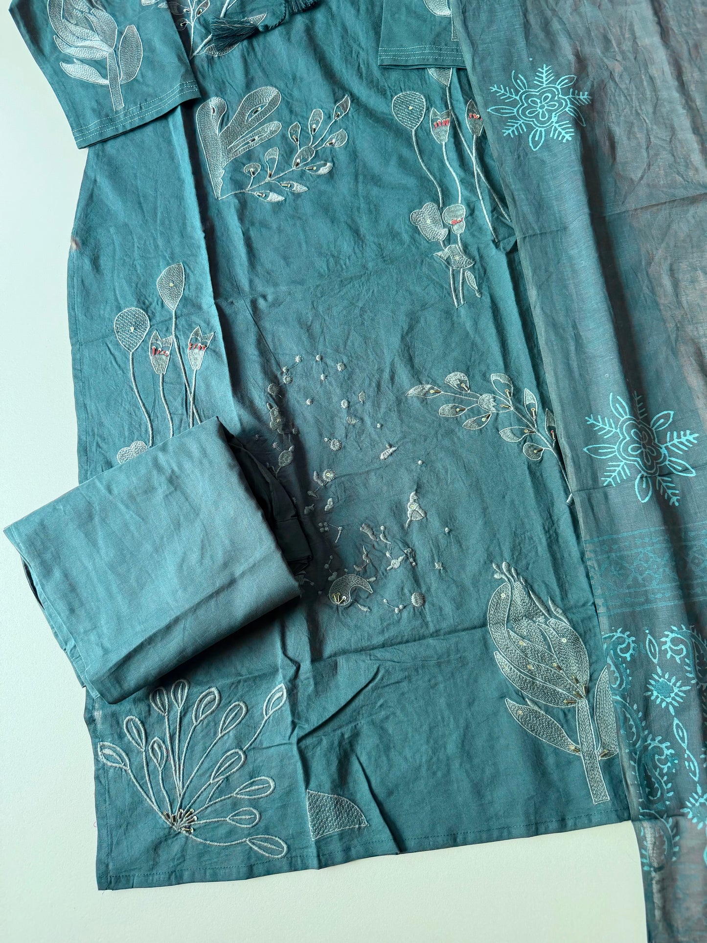 K583 - Cotton embroidery straight Kurti with pants and dupatta in 2 colours